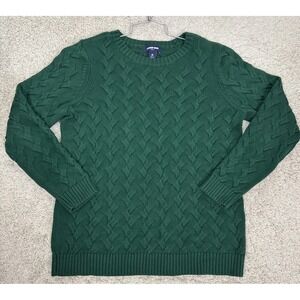 Lands End Drifter Sweater Green Cotton Basket weave Knit Women's M‎ Coastal Core